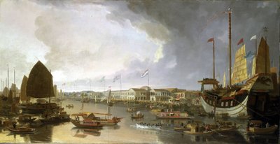 A kantoni (Kína) európai gyárak áttekintése, a Guangdong-folyón (vagy Gyöngy-folyón) való hajózás és a hajók széles választékának leírásával. alkotó: William Daniell