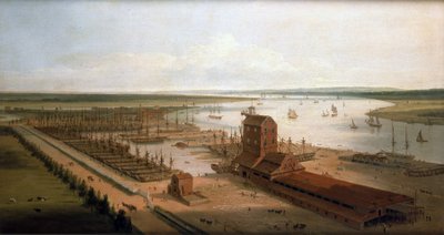 A Perry hajógyár (akkoriban Green) a Brunswick Docksban és a Blackwall Building, egy árbocgyár, a Temze mentén (Anglia). alkotó: William Daniell