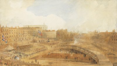 A walesi herceg a Theatre Royal alapkövét rakja le, Covent Garden, 1808. december 31. (ceruza, toll és barna tinta és akvarell testszín érintésével és kikarcolással) alkotó: William Daniell