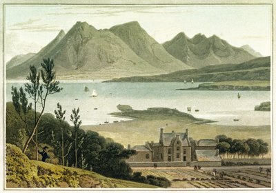 Nyugati nézet Raasay szigetéről (Skócia), egy nagy épület és a hozzá tartozó kertek leírásával. William Daniell (1769-1837) színes metszete. alkotó: William Daniell