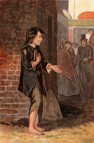 Egy gyerek pénzért könyörög, hogy kenyeret vegyen (chromolitho) alkotó: William Dickes