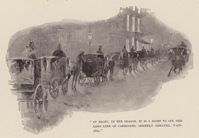 "Éjszaka, a szezonban, látványos a kocsik hosszú sora, rendezetten felsorakozva, várakozva" (metszet) alkotó: William Douglas Almond
