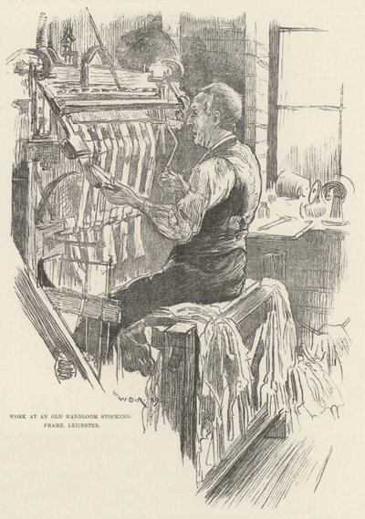 Dolgozzon egy régi kézi szövésű harisnyakeretnél, Leicester alkotó: William Douglas Almond