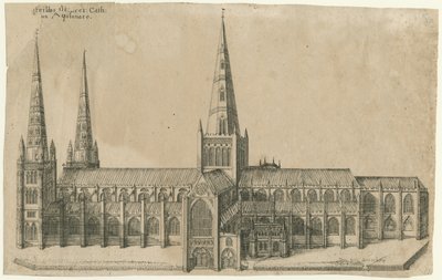 Lichfield katedrális – Déli nézet: rézmetszet, nd [?17. század közepe] alkotó: William Dugdale
