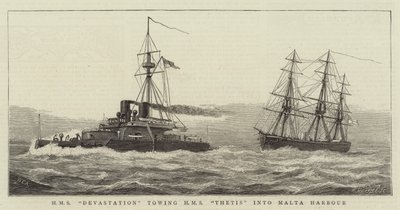 A HMS Devastation a HMS Thetist a máltai kikötőbe vontatta alkotó: William Edward Atkins