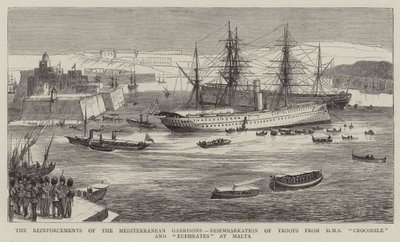 A földközi-tengeri helyőrségek megerősítése, csapatok kiszállása a HMS Crocodile és Euphrates-ból Máltán alkotó: William Edward Atkins