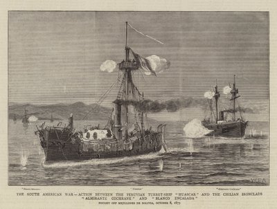 A dél-amerikai háború, akció a Huascar perui toronyhajó és a chilei vaskalaposok között, Almirante Cochrane és Blanco Encalada alkotó: William Edward Atkins