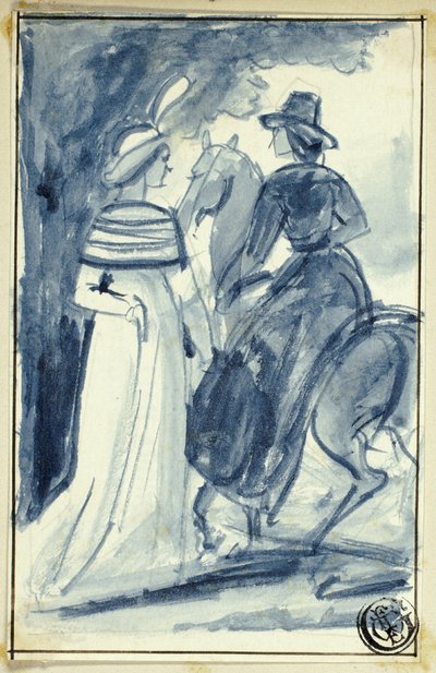 Két nő (egy lóháton) 18. század végi ruhában alkotó: William Edward Frost