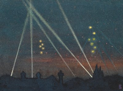 Keresőlámpák bombatámadás közben (akvarell papíron) alkotó: William Ernest Buchanan