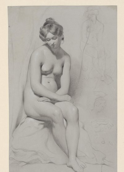Ülő meztelen női modell magas frizurával, mellé ismét vázlatosan alkotó: William Etty