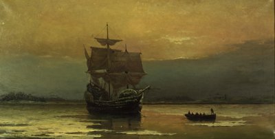 A Mayflower megérkezésekor Plymouth kikötőjébe, 1882. alkotó: William Formby Halsall