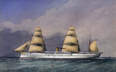 A HMS "Jumna" (1866), a Királyi Haditengerészet vashéjazatú hajója, az indiai szubkontinensről és az onnan érkező csapatok szállítására. Akvarell alkotó: William Frederick Mitchell