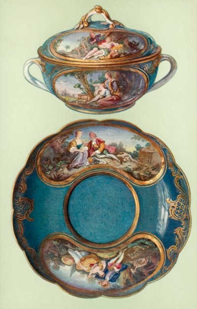 Ecuelle és állvány, Sevres, türkizkék, panelekkel Boucher után (színes litó) alkotó: William Gibb
