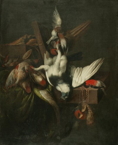 Csendélet döglött galambbal, pintyekkel és sólymok csuklyáival (olaj, vászon) alkotó: William Gowe Ferguson