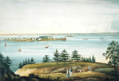 A New York-i öböl és a Governors Island a Brooklyn Heightsből, 1820-25. alkotó: William Guy Wall