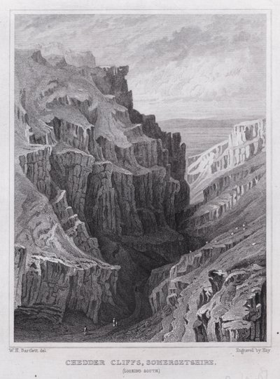 Cheddar Cliffs, Somersetshire, délre néz (metszet) alkotó: William H. Bartlett