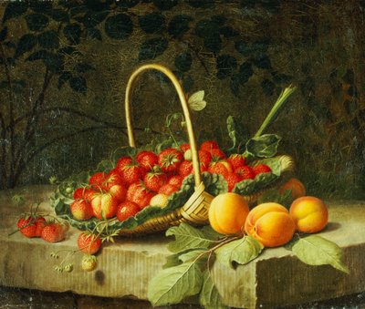 Egy kosár eper őszibarackkal egy kőpárkányon, 1856 alkotó: William Hammer