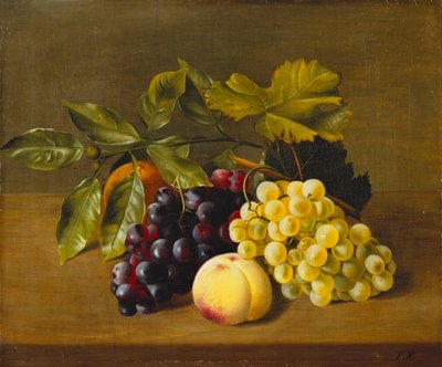 Őszibarack, narancs és szőlő egy fa párkányon, alkotó: William Hammer
