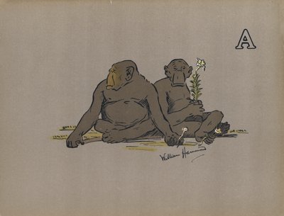 A betű: Esztétikus emberszabású majmok, akik rendellenesen apatikus magatartást tanúsítanak (színes litho) alkotó: William Hammond