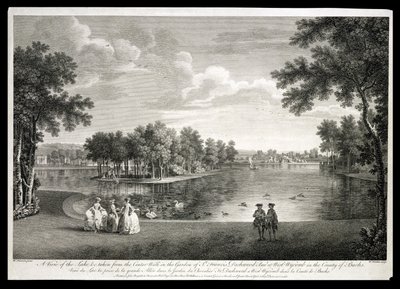 Kilátás a tóra a központból Séta a West Wycombe-i kertben, Buckinghamshire, vésette William Woollett (1735-85) alkotó: William Hannan