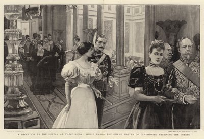 A szultán fogadása a Yildiz Kioszkban, Munir pasa, a nagy ceremóniamester fogadja a vendégeket. alkotó: William Hatherell