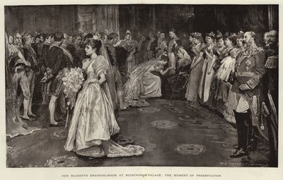 Őfelsége szalonja a Buckingham-palotában, a bemutató pillanata alkotó: William Hatherell