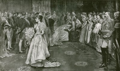 Őfelsége szalonja a Buckingham-palotában, a bemutató pillanata alkotó: William Hatherell