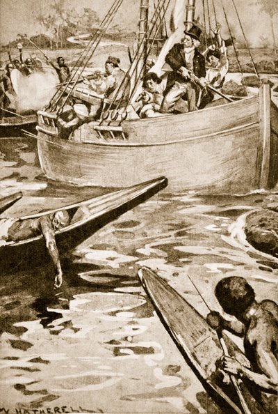 Mungo Park utolsó harca a bennszülöttek ellen a Bussa-zuhatagnál alkotó: William Hatherell