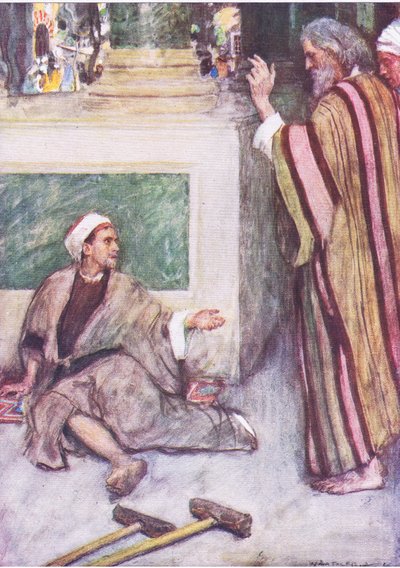 Péter és János meggyógyítják a sántát, a Hodder & Stoughton által kiadott Biblia történetéből, 1930 körül alkotó: William Hatherell
