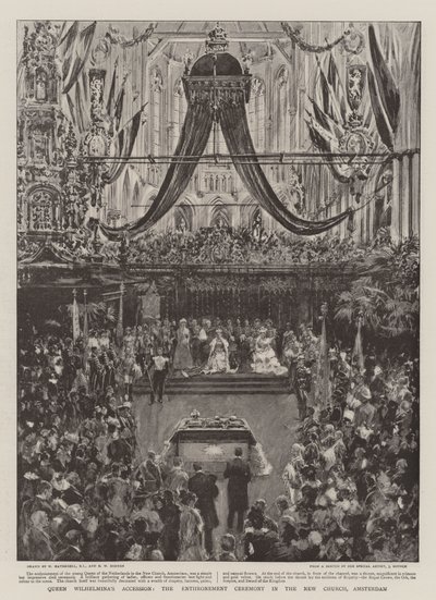 Wilhelmina királynő csatlakozása, a trónra emelési szertartás az amszterdami Újtemplomban alkotó: William Hatherell