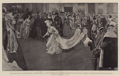 Devonshire hercegné jelmezbálja, a vendégek körmenete a királyi csoport előtt a Fehér és Arany Szalonban, 1897 alkotó: William Hatherell