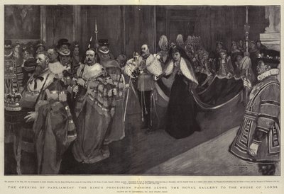 A Parlament megnyitása, a Királyi körmenet a Királyi Képtáron haladva a Lordok Házáig alkotó: William Hatherell