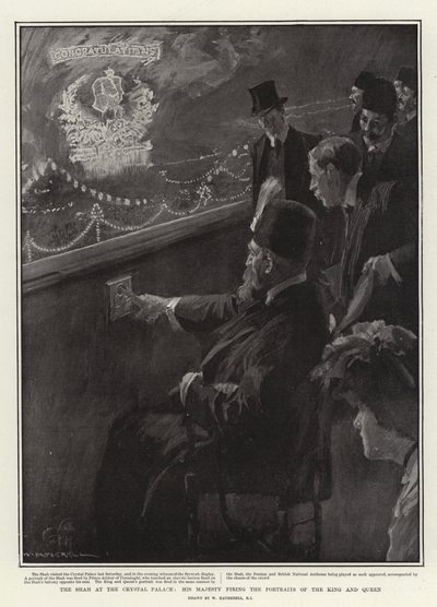 A sah a Kristálypalotában, Őfelsége a király és a királynő portréit tüzeli alkotó: William Hatherell