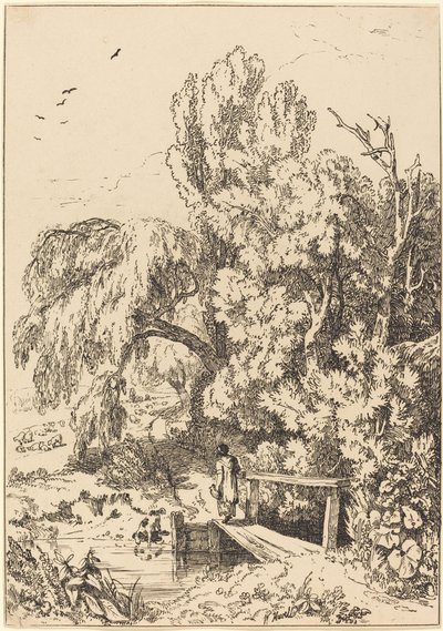 Táj fákkal, lány átkelő gyaloghídon alkotó: William Havell