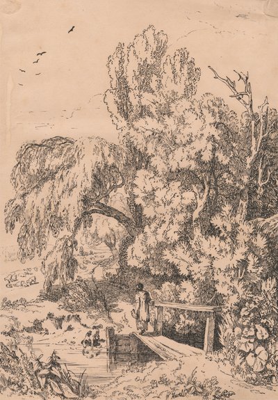 Táj fákkal, lány átkelő gyaloghídon alkotó: William Havell