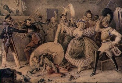 Verekedés egy fogadóban, 1830 körül (akvarell ceruzával, papíron gouache-val kiemelve) alkotó: William Heath