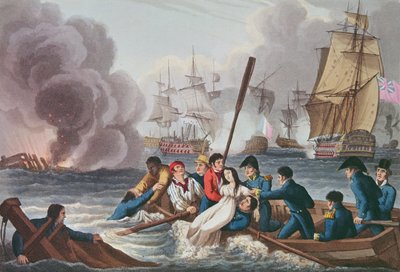 Anekdota a trafalgari csatáról, Matthew Dubourg (fl.1813-20) metszete a "Történelmi, katonai és haditengerészeti anekdoták" című kocsmából. írta: Edward Orme (1774-1820 körül) 1817 (akvatinta) alkotó: William Heath