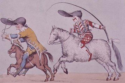 Joseph Grimaldi, mint Joey bohóc a pantomim vörös törpében, kézzel festett metszet alkotó: William Heath