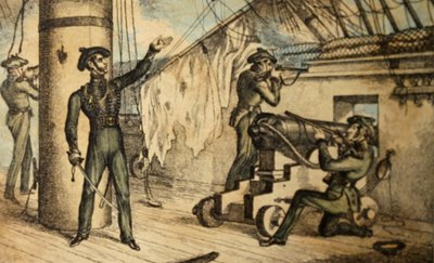 Tengerészgyalogosok akcióban egy azonosítatlan hadihajó fedélzetén, 1835 körül (kézzel színezett rézkarc) alkotó: William Heath