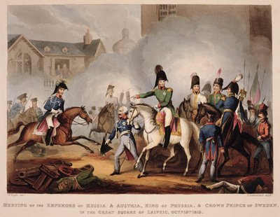 Orosz és Ausztria császárainak, a porosz királynak és a svéd koronahercegnek a találkozója a Lipcsei Nagytéren, 1813. október 18-án, „The Martial Achievements of Great Britain and her Al” címmel. alkotó: William Heath