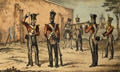 A tengerészgyalogosok jelen jelmeze a körcélgyakorlaton, 1835 körül (kézzel színezett rézkarc) alkotó: William Heath