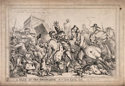 Robert Peel ökölvívóként, aki éjszakai őröket támad meg azzal a szándékkal, hogy helyükre a rendőrséget állítsa. Paul Pry (W. Heath) metszete. alkotó: William Heath