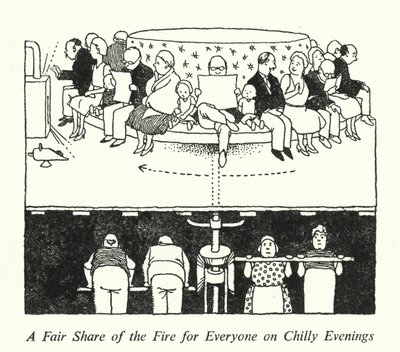Egy méltányos részesedés a tűzből mindenki számára a hideg estéken (litho) alkotó: William Heath Robinson