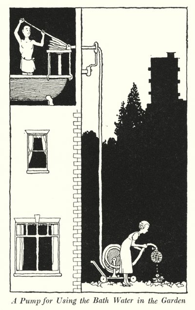 Szivattyú a fürdővíz használatához a kertben (litho) alkotó: William Heath Robinson
