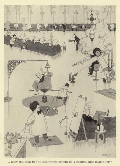 Egy mozgalmas reggel egy divatos fodrász pazar stúdiójában alkotó: William Heath Robinson