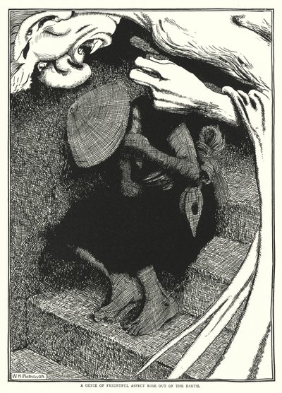 A földből egy ijesztő arculatú dzsinn emelkedett ki (metszet) alkotó: William Heath Robinson