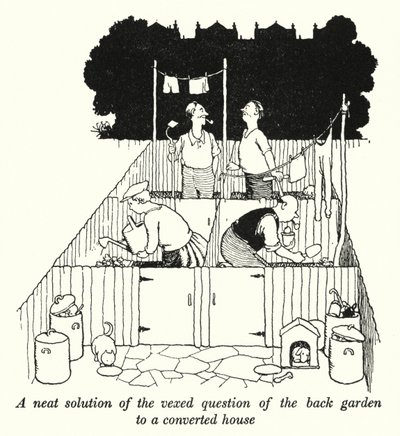 A hátsó kert kínos kérdésének ügyes megoldása átalakított házra (litho) alkotó: William Heath Robinson