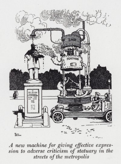 Egy új gép a metropolis utcáin szobrokkal szembeni negatív kritikák hatékony kifejezésére (litho) alkotó: William Heath Robinson