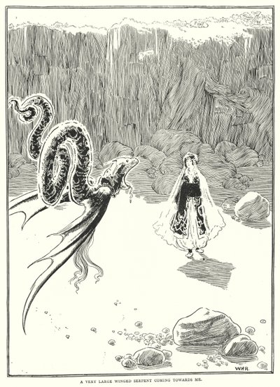 Egy nagyon nagy szárnyas kígyó jön felém (metszet) alkotó: William Heath Robinson