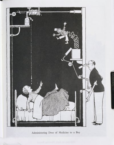 Gyógyszeradag beadása egy fiúnak, illusztráció a "Találmányok"-ból alkotó: William Heath Robinson